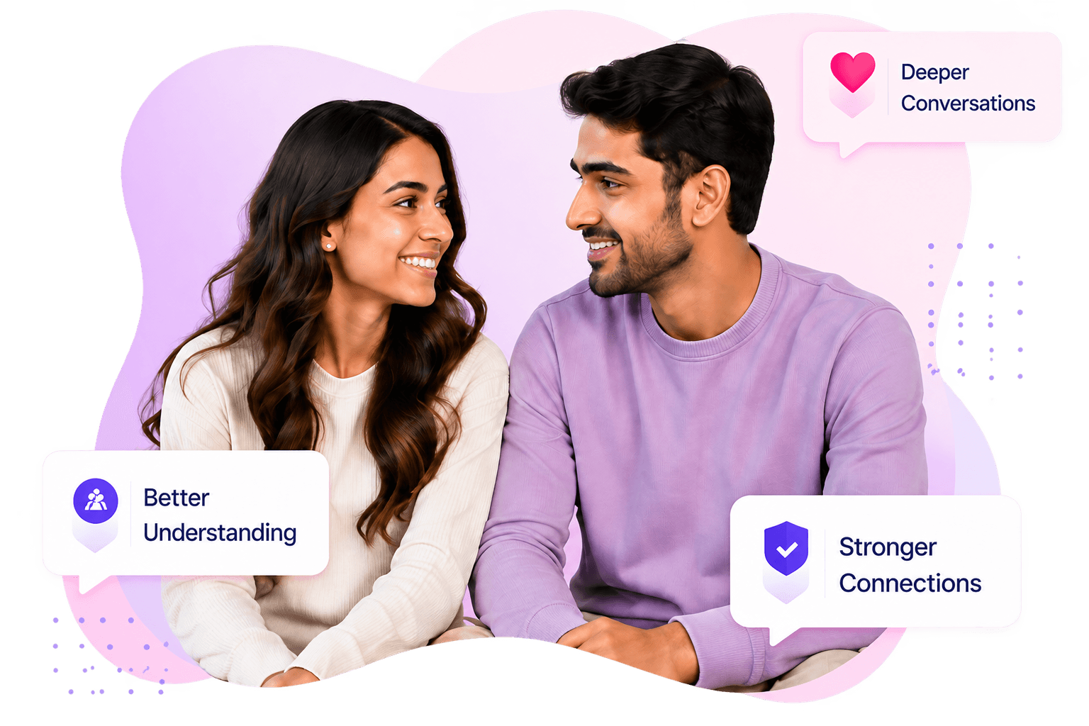 A couple sitting together, smiling and talking