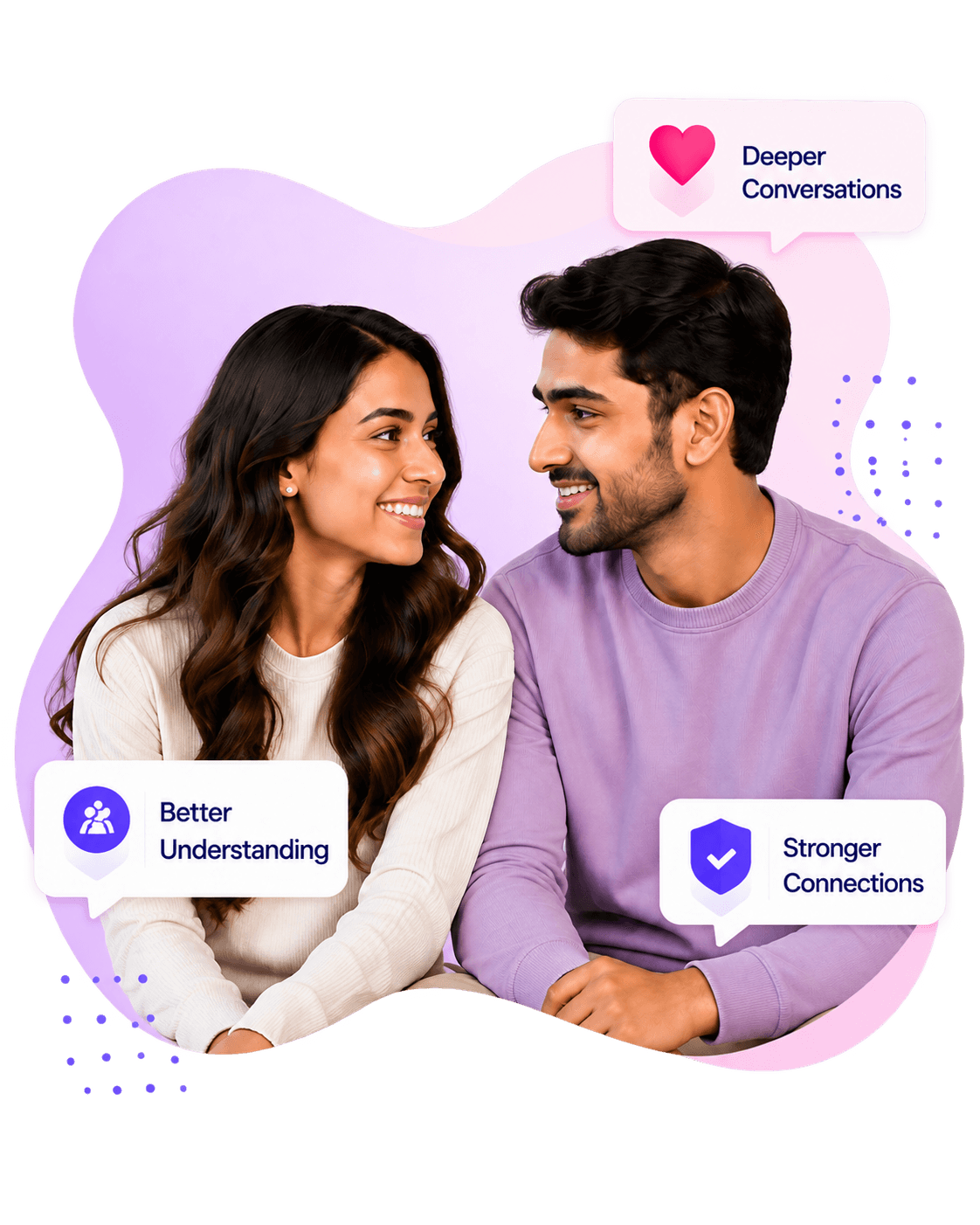 A couple sitting together, smiling and talking